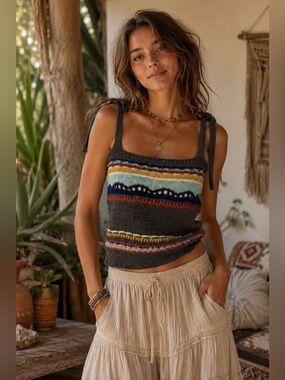 POL Gray Colorful Shoulder Tie Sleeveless Sweater Tank Top Boho NEW